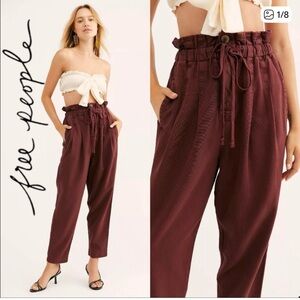 Free People Burgundy Margate Drawstring Paperbag Waist Pants